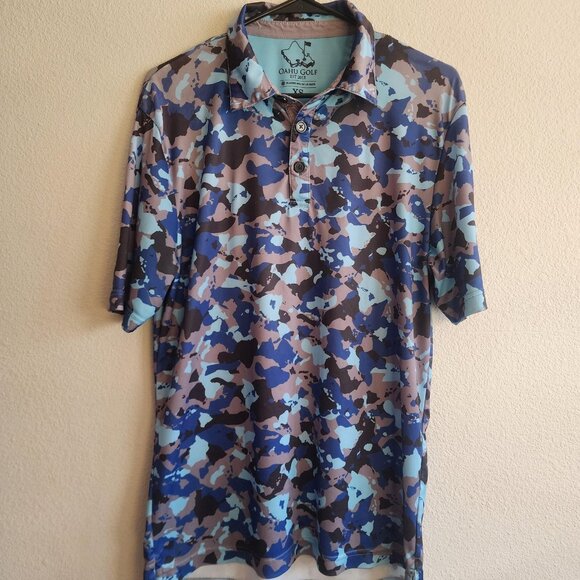 Oahu Golf Shirt Mens XS Blue Brown Camo Pattern Performance Polo Lightweight - Picture 1 of 10
